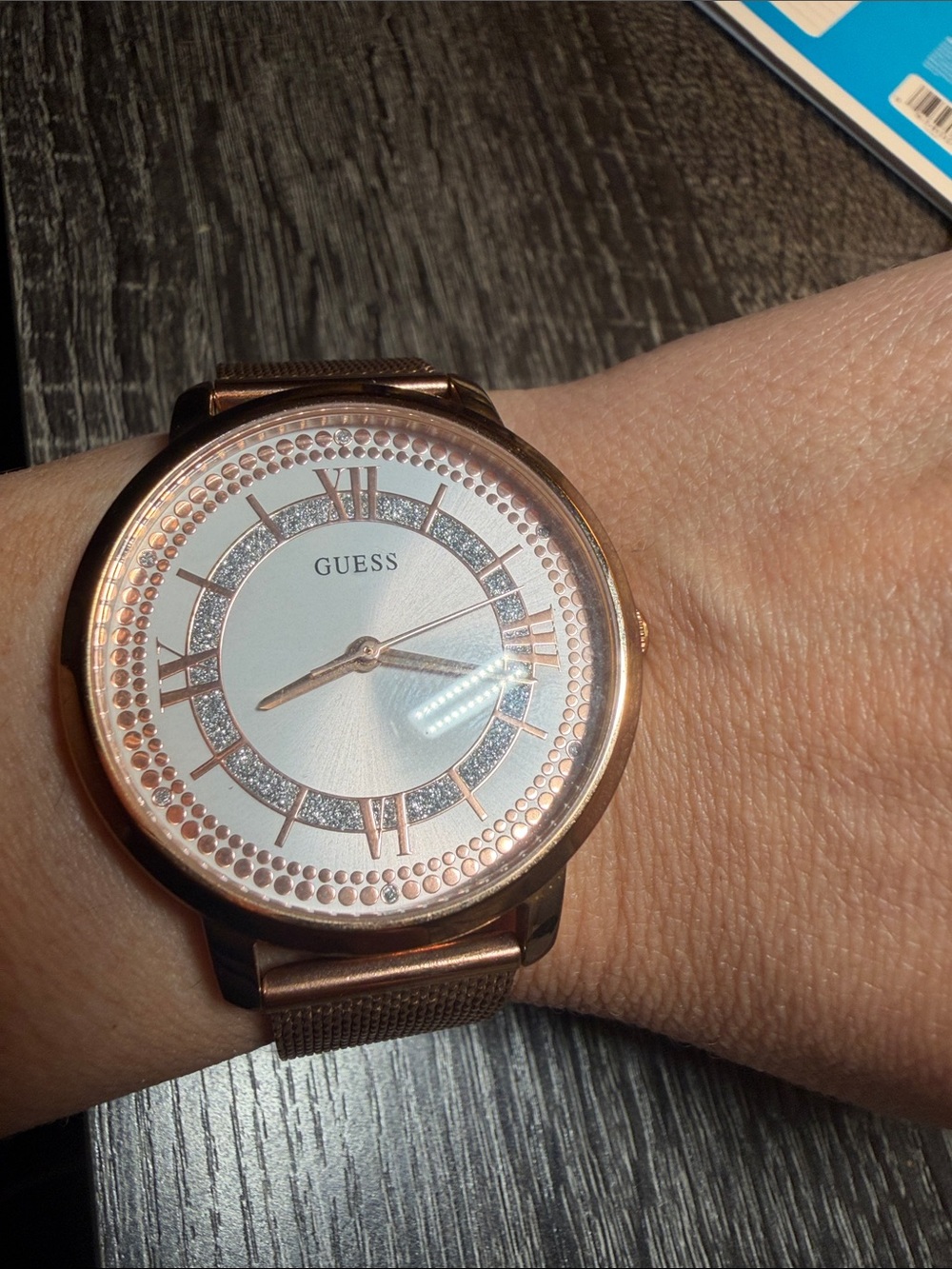 GUESS Rose Gold Mesh Strap Watch Rhinestone Glitter Dial